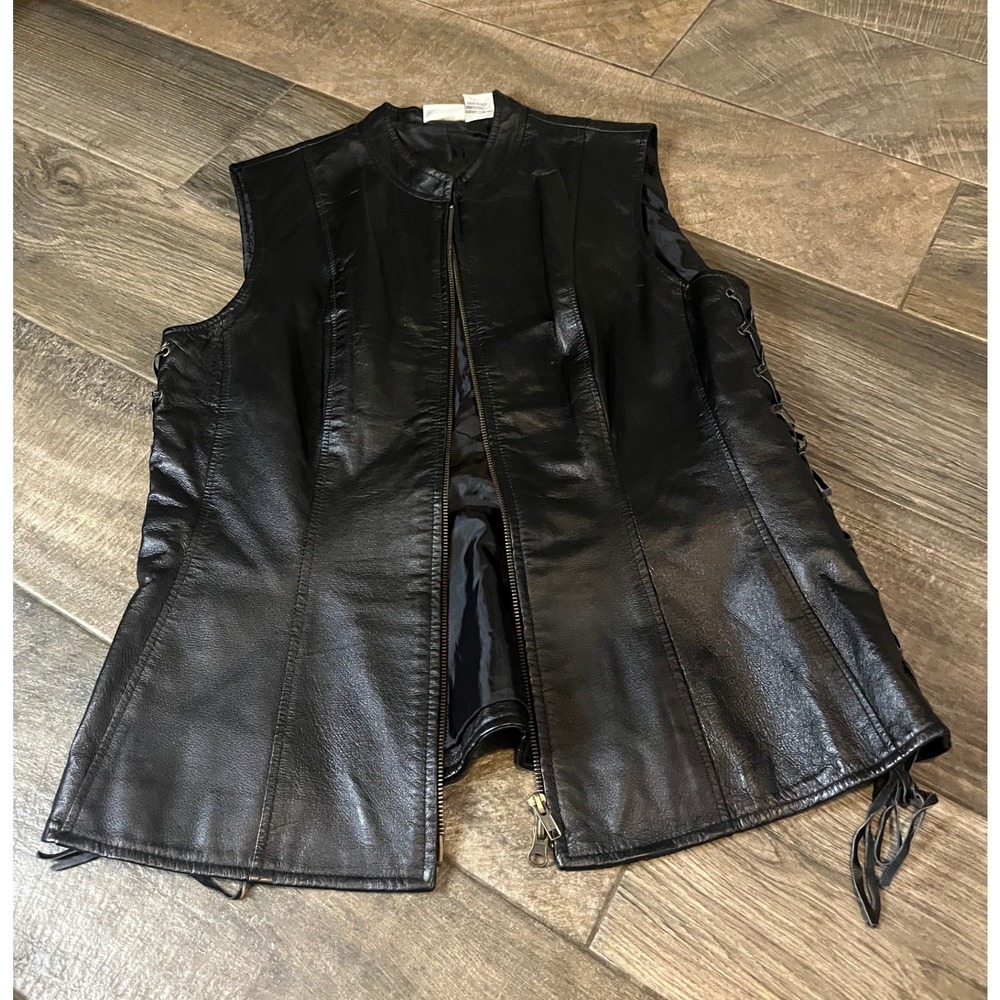Newport News Black Leather Lace Up Side Biker Vest Womens 12 H5441 Zip Front